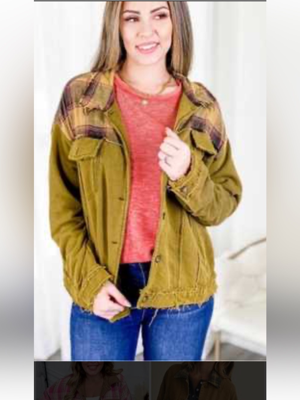 POL Olive Green Frayed Hem Plaid-Shoulder Jacket